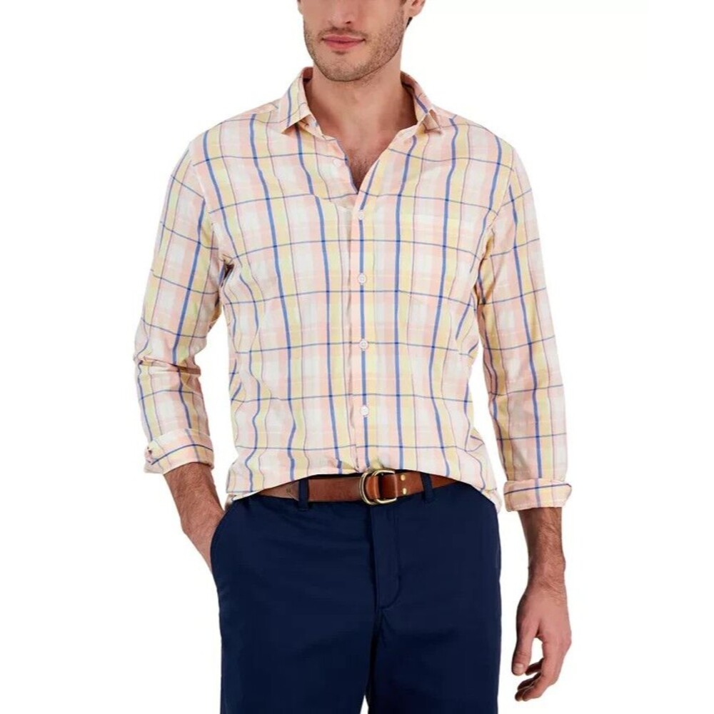 Club Room Men's Classic-Fit Button-Down Shirt  Plaid  Nila Tech beige Combo
